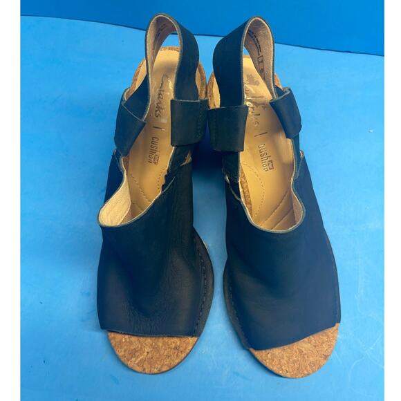 Clarks Navy Leather Cork Wedge Sandals Sz 6.5 Soft Cushion Slingback EU 37 - Picture 7 of 10